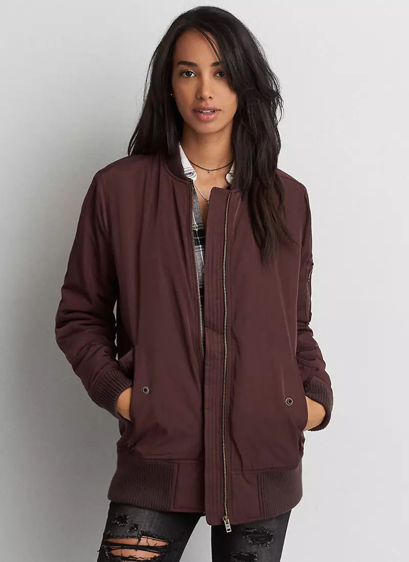 Bunda AEO Long Bomber Jacket z Deep Plum