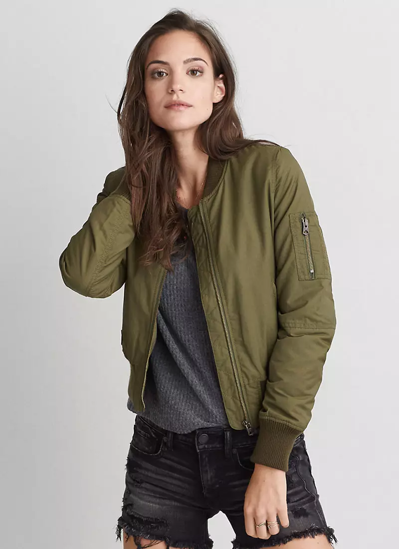 AEO Shrunken Bomber Jacket sa Olive Green