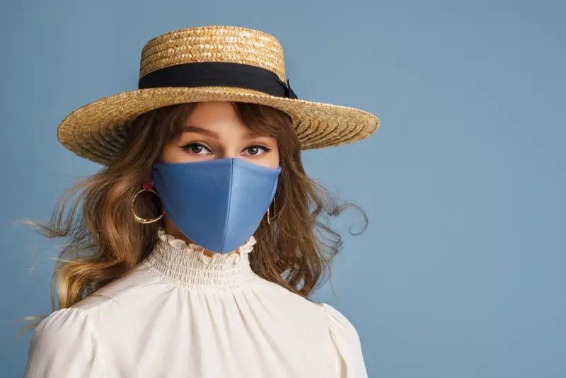 Fashion Model Blue Face Mask Straw Hat Dawb Blouse