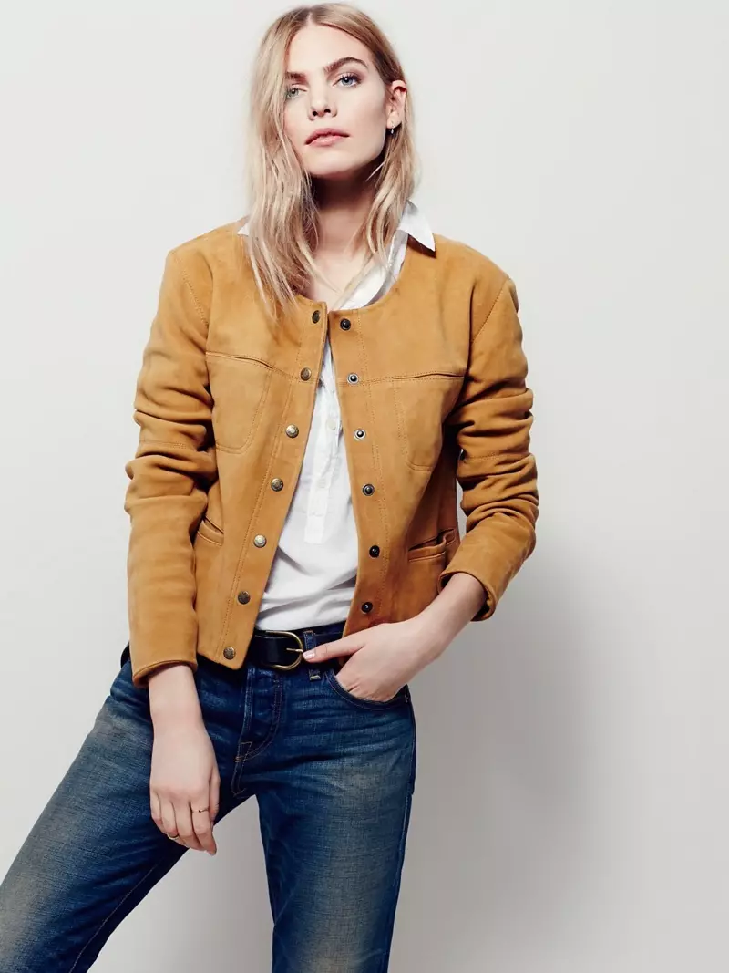 Ndị mmadụ efu na-enweghị akwa akwa akwa akwa Suede jaket na Tan