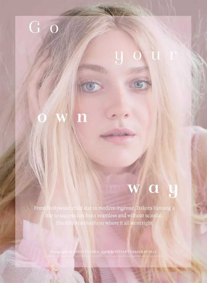 Dakota Fanning 身穿 Prada 衬衫，准备拍特写