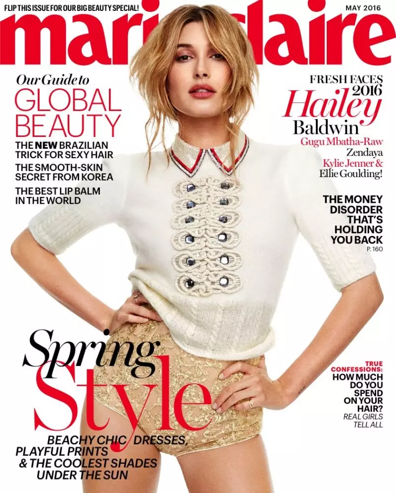 Hailey Baldwin zajmuje się wydaniem Marie Claire z maja 2016 roku.