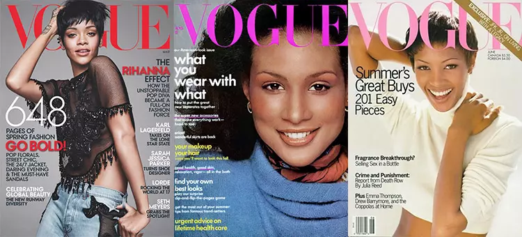 (L til R) Rihanna, Beverley Johnson og Naomi Campbell er alle svarte stjerner som har dekket Vogue