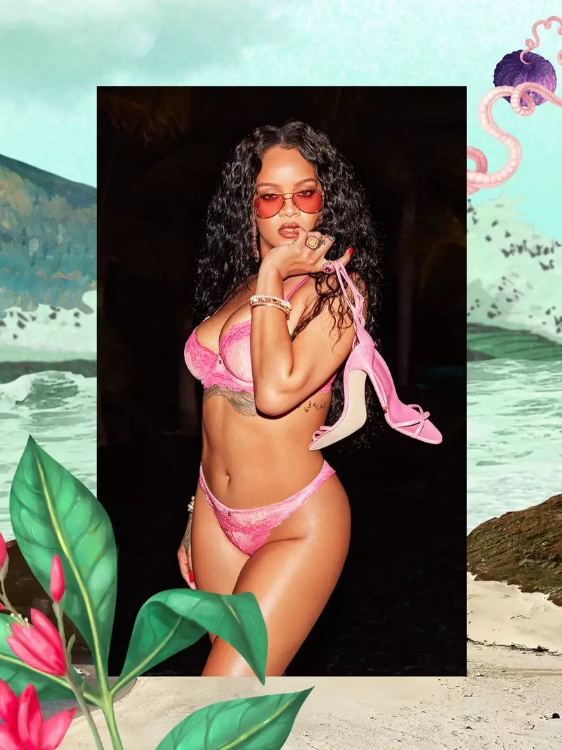 Vestita per rozo, Rihanna frontas la kampanjon de tolaĵo Savage x Fenty de julio 2020.