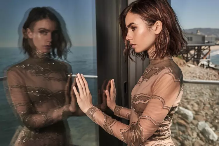 Näyttelijä Lily Collins käyttää koristeltua mekkoa