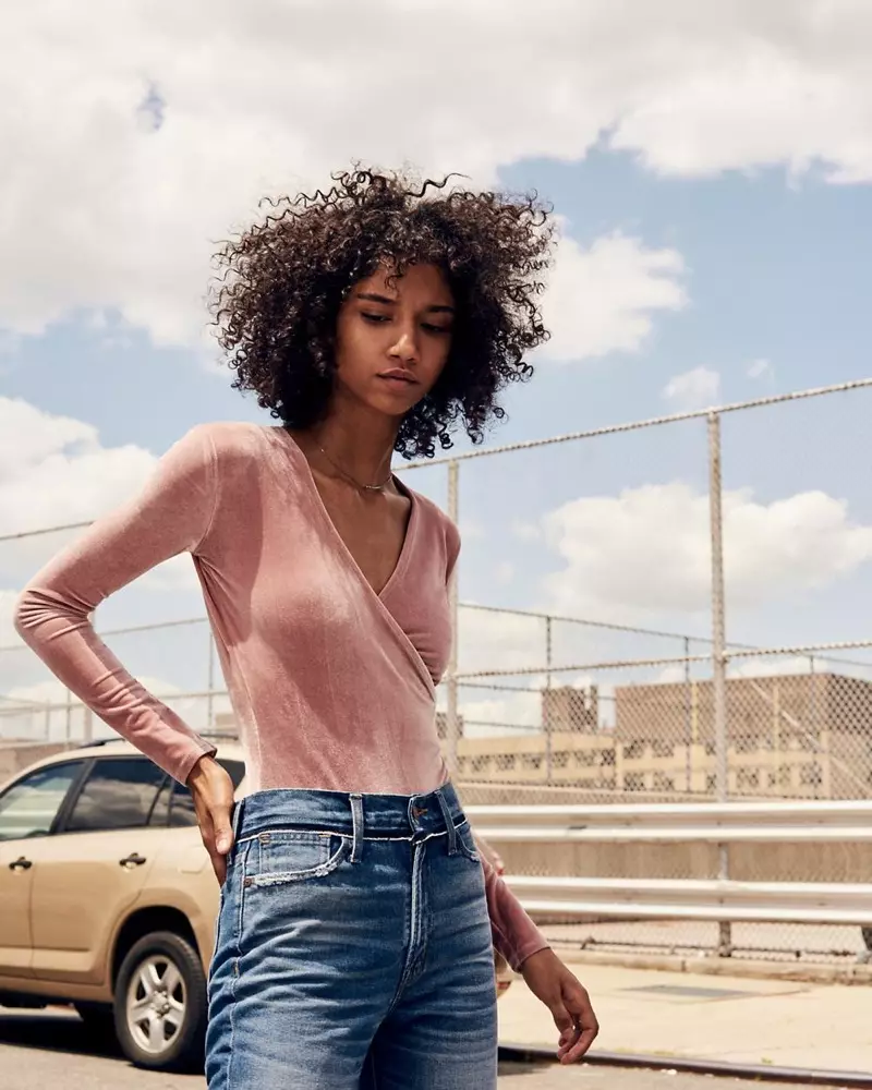 Madewell Velvet Wrap Bodysuit, Retro Crop Bootcut Jeans: Knee-Rip Edition le Madewell x Girls Inc. Demi-Fine Bronze Female Necklace