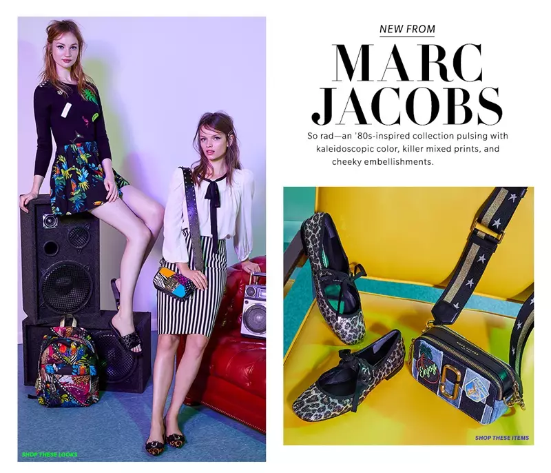 (Chapda) Marc Jacobs Scoop Crew bo'yinli sviter, to'tiqush Poplin shorti, Kuper bilan bezatilgan sport slaydlari va bayker palma to'tiqush ryukzaki (o'rtada) Mark Jacobs ipak bluzkasi, qalam yubka, snapshot Punk patchwork kamera sumkasi va o'tkir burunli balerina Flats (O'ngda) Lisa Meri Jeyn Ballerina Flats va Daniy Snapshot Kamera sumkasi