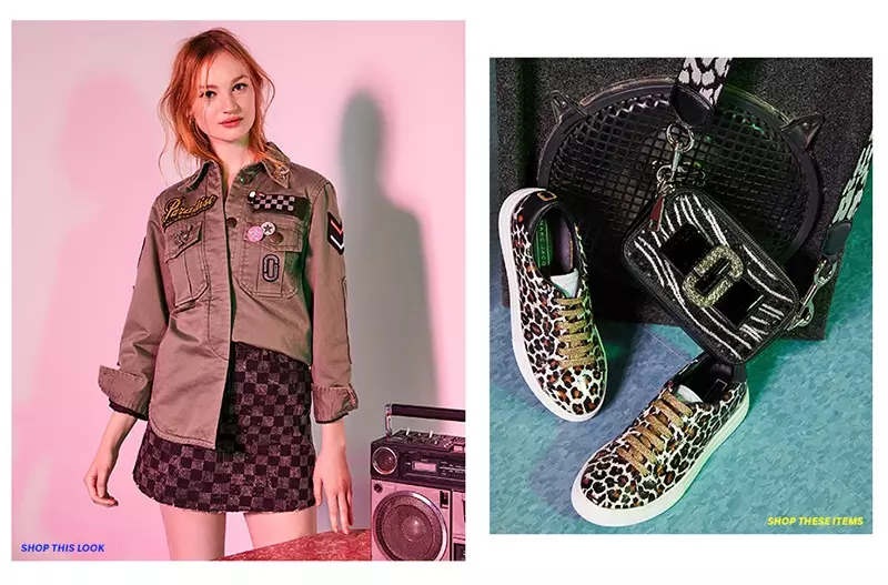 (Links) Marc Jacobs opgevuld militêr shirt en strass Soda Lid Stud Earrings (rjochts) Marc Jacobs Empire Lace Up Sneakers, Zebra Bow Snapshot Bag en Webbed Leopard Handtas Gitaar Strap