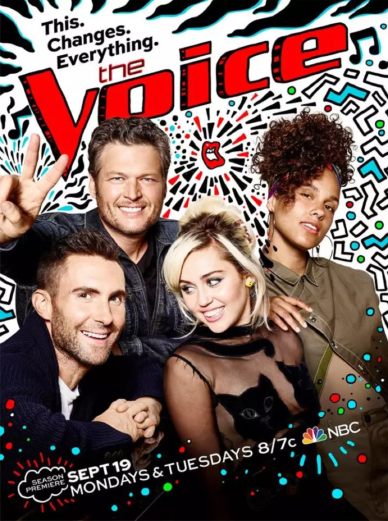 La Voĉo-Sezono 11 afiŝo kun Blake Shelton, Adam Levine, Miley Cyrus kaj Alicia Keys