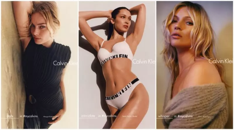 Calvin Klein Fall/Winter 2016 Campaign (រូបភាពពីឆ្វេងទៅស្តាំ៖) Margot Robbie, Bella Hadid និង Kate Moss ។