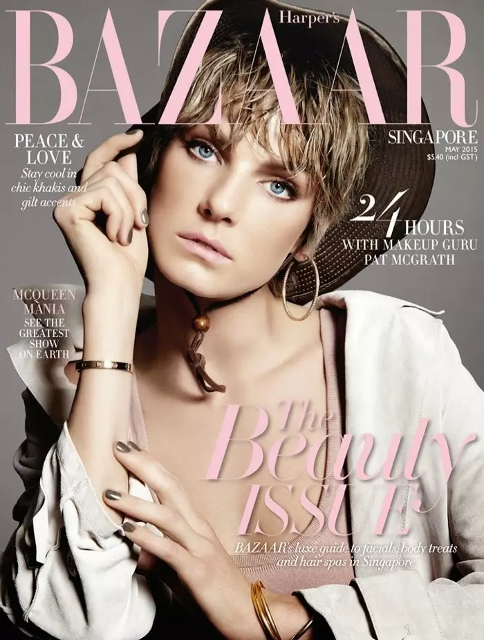 Angela Lindvall adorna Harper's Bazaar Singapur Maio de 2015 Portada de Yu Tsai