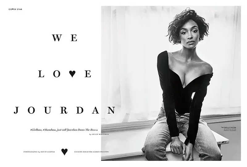 Model Jourdan Dunn nganggo top Saint Laurent, jins lan anting