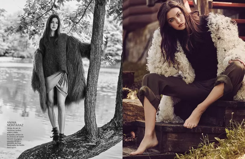 (Kiri) Jacquelyn Jablonski model jaket bulu Isabel Marant (Kanan) Model memakai jaket dan celana Nina Ricci dengan sweater Adolfo Dominguez