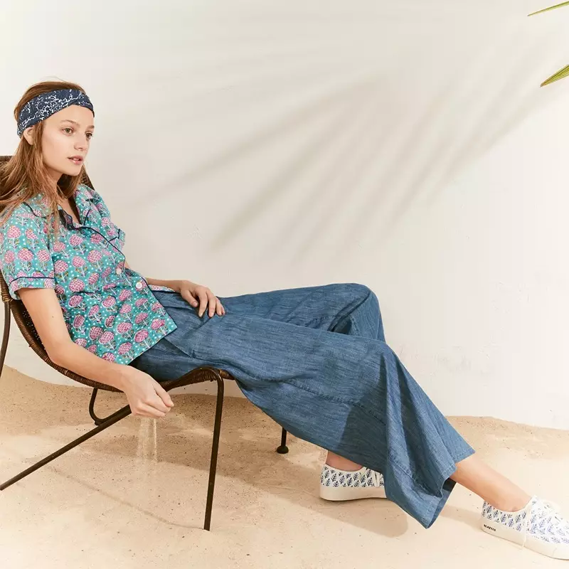 SZ Blockprints for J. Crew Short Sleep Set, J. Crew Wide-Leg Cropped Chambray Pant, Soft Twist Headband in Batik and SeaVees for J. Crew Legend Sneakers in SZ Blockprints