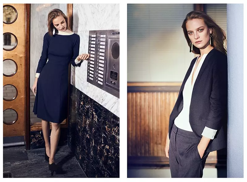 (Wala) H&M Knee-Length Dress, Fine-Knit Turtleneck Sweater, Long Earrings ug Pumps (Tuo) H&M Fitted Jacket, Silk Tunic, Suit Pants ug Long Earrings