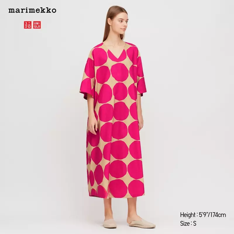 Uniqlo x Marimekko λινό φόρεμα με V λαιμόκοψη σε ροζ 49,90 $