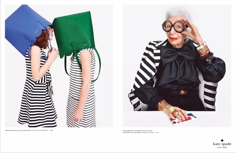 Iris Apfel mempamerkan kempen iklan musim bunga-musim panas 2015 Kate Spade dengan memakai jaket berjalur