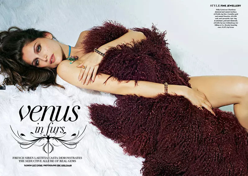 Laetitia Casta Sports Fur and Gems สำหรับ Eric Guillemain ใน The Sunday Times Style