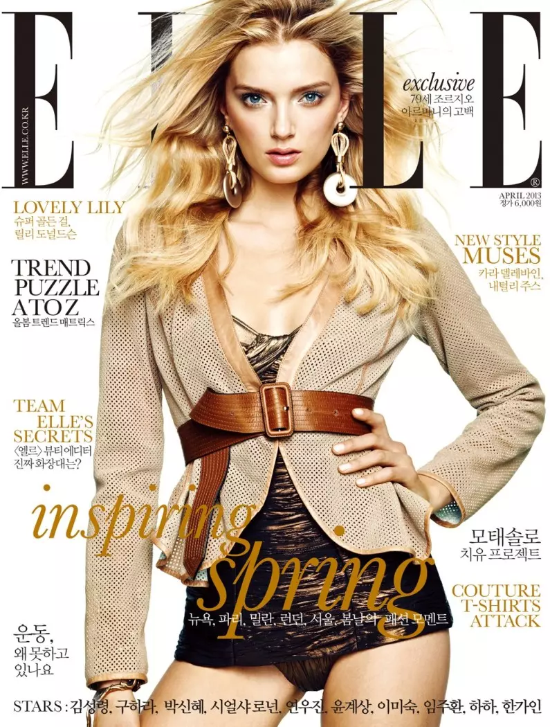 Lily Donaldson Rocks Emporio Armani ar gyfer Stori Clawr Ebrill 2013 Elle Korea