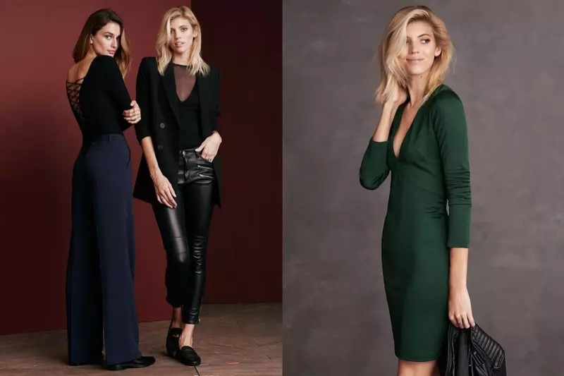 (Venstre) H&M kroppsdress med snøring, bukser med brede ben og skinnsko med spisse tå (midt) H&M dobbelsneppet jakke, mesh-topp, motorsykkelbukser og lærloafers (høyre) H&M-tilpasset kjole