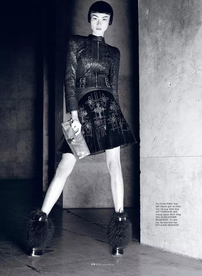 Hye Jung Lee modela modas oscuras de invierno para Elle Vietnam, diciembre de 2012