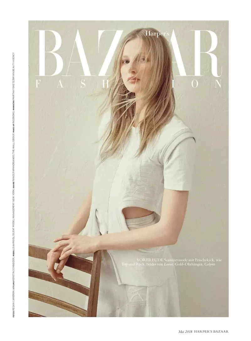 Leah Rodl Poses i Dreamy White Fashions mo Harper's Bazaaar Siamani