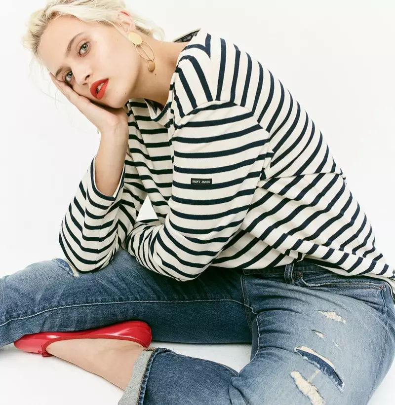 Saint James T-shirt unisexe Meridien II Nautical, Jean Slim Boyfriend in Charles Wash et Boucles d'oreilles Triple Ovale