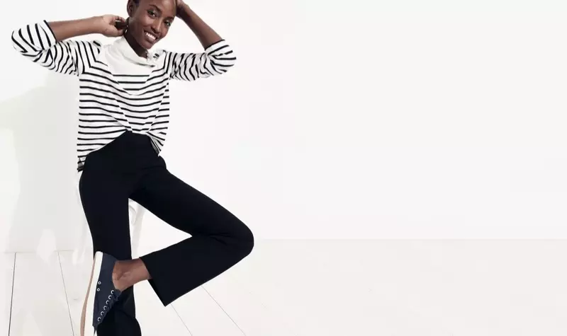 J. Crew Striped Button-Shoulder Turtleneck, Edie Full-Length Trouser in Four-Season Stretch and Tretorn Canvas T56