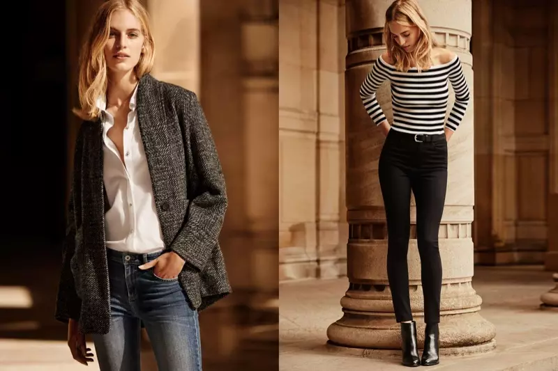 (L) Палто от смесена вълна на H&M, бяла памучна риза с копчета и прилепнали дънки (R) горнище на рамене на H&M и черни приталени панталони с висока талия