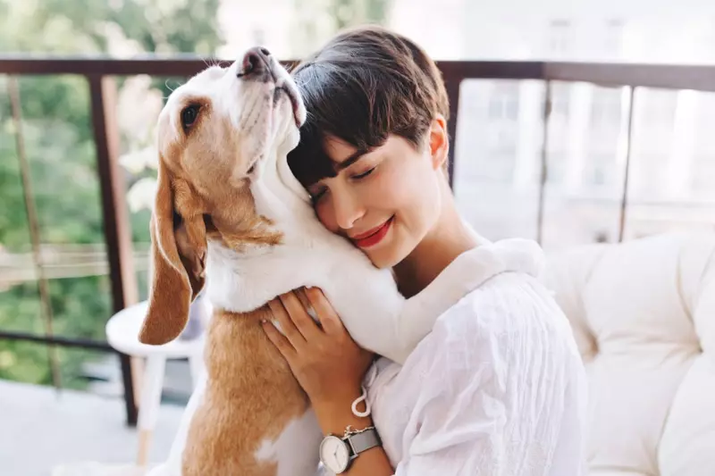 Smiling Brunette Woman Holding Dog