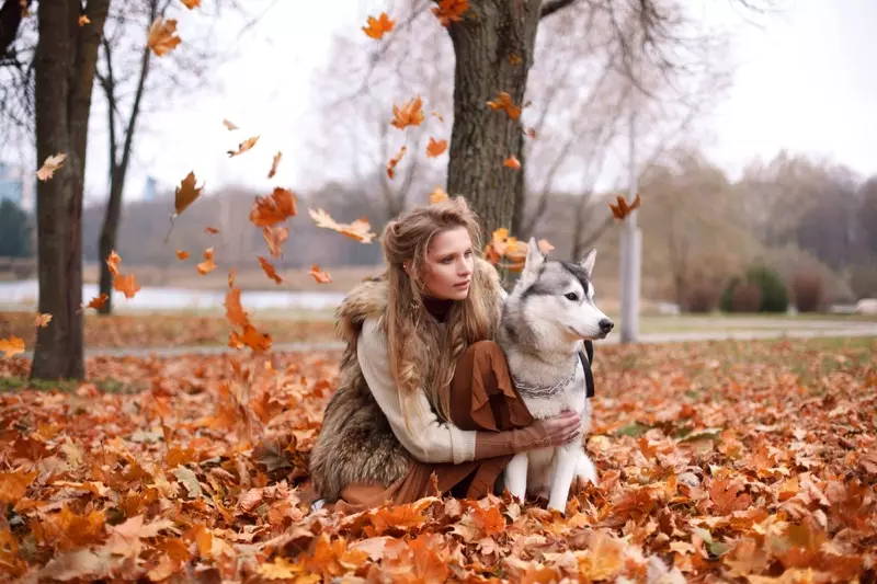 Woman Dog Outside Fall Fall Leaves Fashion