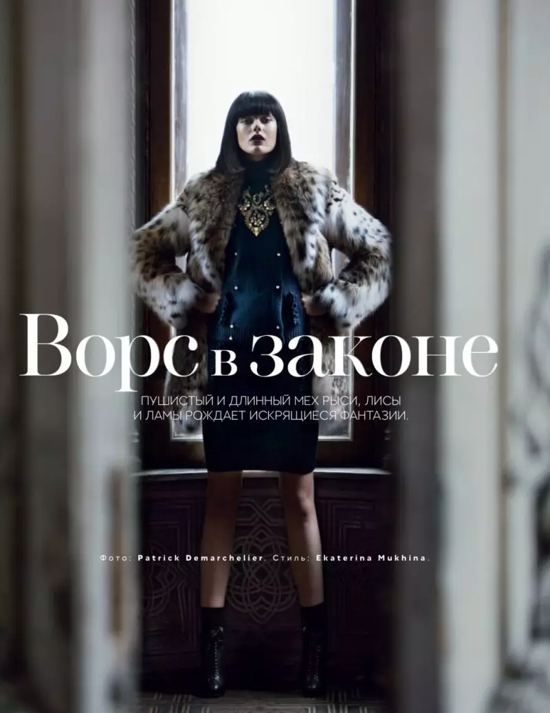 Frida Gustavsson Luxe Furs ereduak Vogue Russiarako 2012ko urrian Patrick Demarchelier-ek