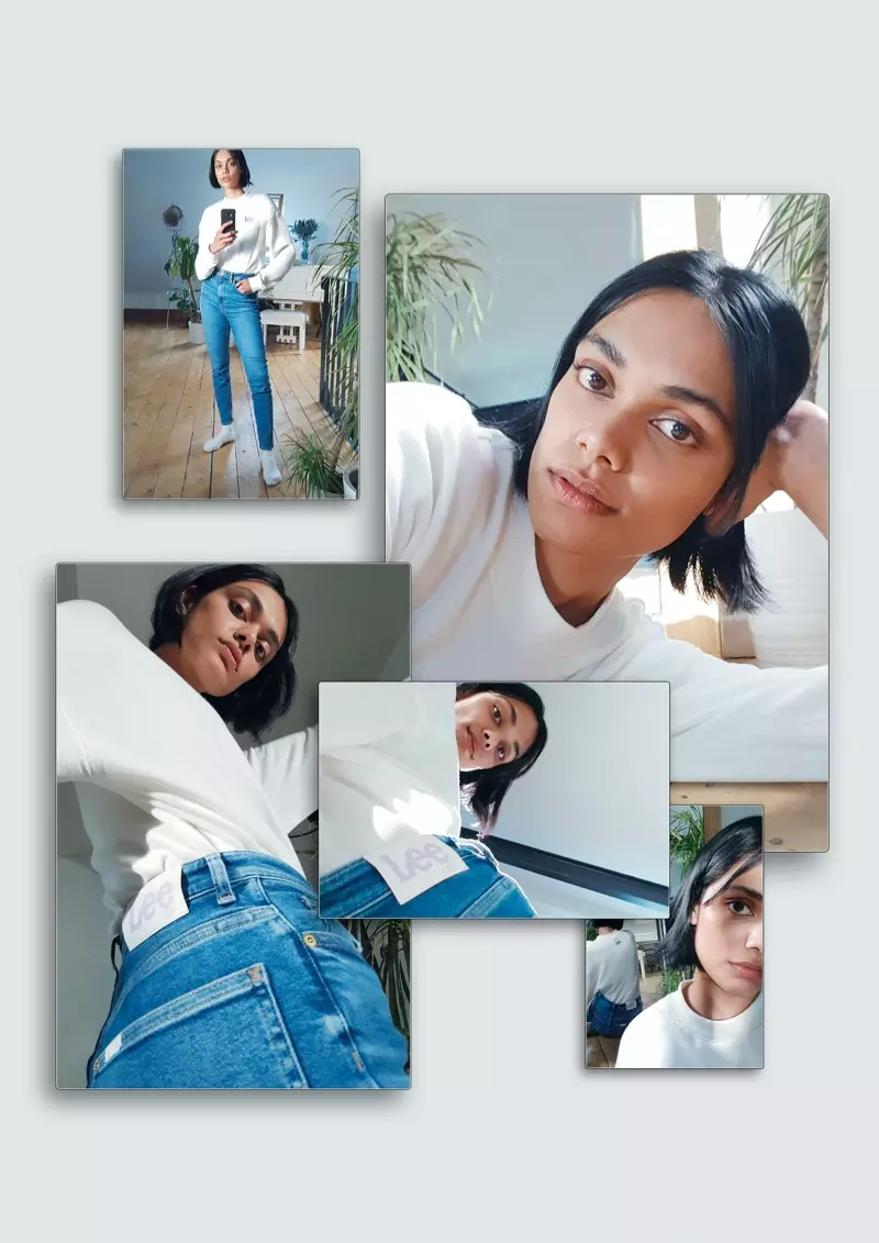 Zinnia Kumar schittert in de LEE x H&M-campagne.