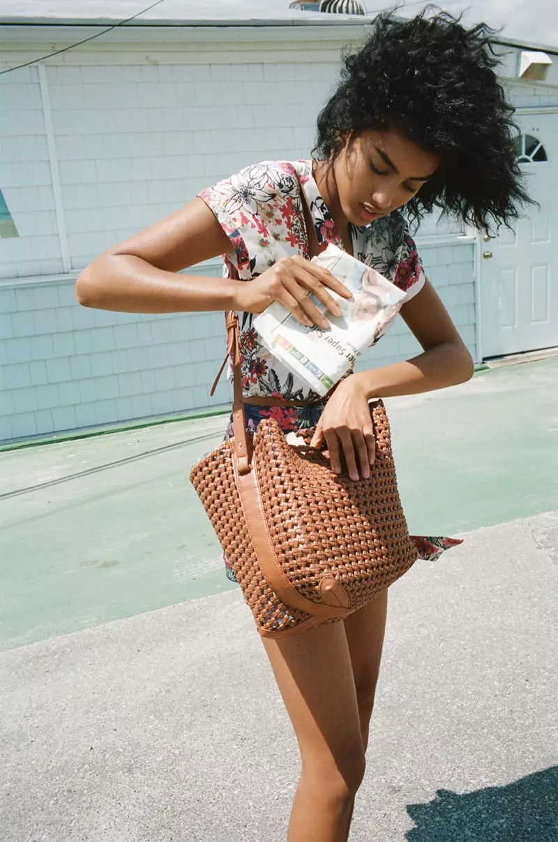 Zara Floral Print Top, Floral Print Bermuda Shorts, Braided Bucket Bag with Pendant Detail