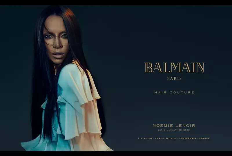 Noemie Lenoir သည် Balmain Hair spring 2016 လှုပ်ရှားမှုတွင် ရှည်လျားဖြောင့်စင်းသော ဆံပင်ပုံစံကို ၀တ်ဆင်ထားသည်။