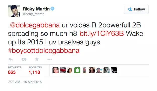 Ricky Martin yabwiye Dolce & Gabbana kwikunda kurubuga rwe rwa Twitter.