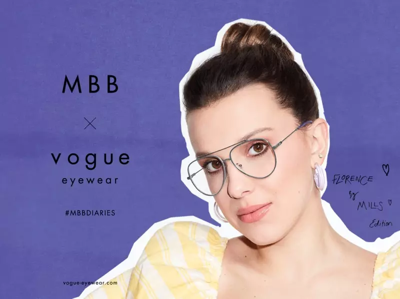 Millie Bobby Brown näyttelee MBB x Vogue Eyewear 2021 -kampanjaa.