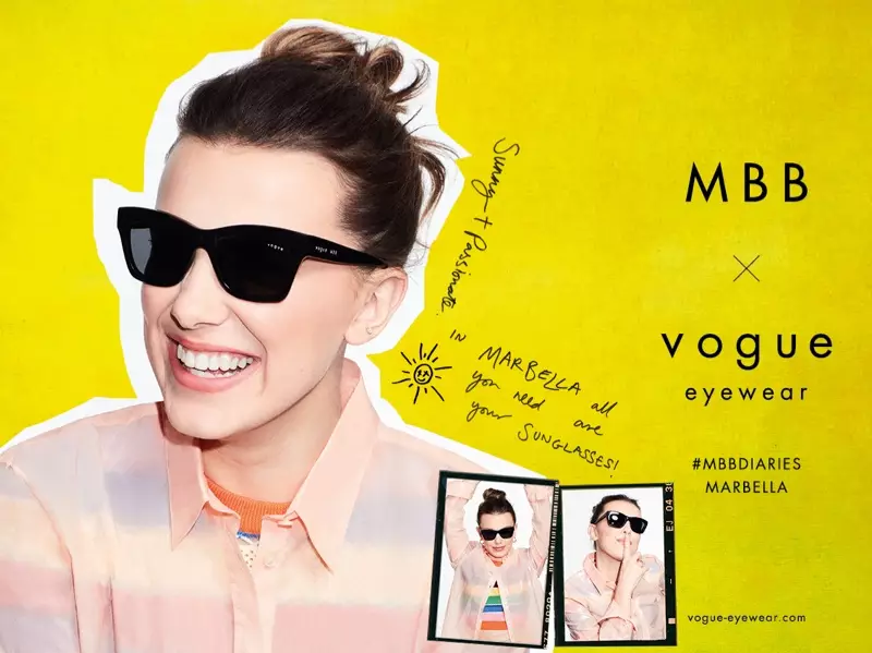 UMillie Bobby Brown ubonisa ukumamatheka kumkhankaso we-MBB x Vogue Eyewear 2021.