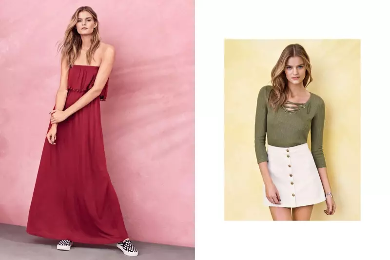 (L) H&M Strapless Maxi Dress sareng Polka Dot Print Slip-On Sneakers (R) H&M Lace-up Fine Knit Top sareng A-Line Mini Rok