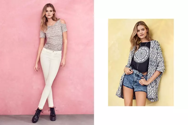 (L) Top de punto fino con hombros descubiertos de H&M, pantalones ajustados y botas con plataforma (D) Camiseta recortada de H&M y shorts de cintura alta