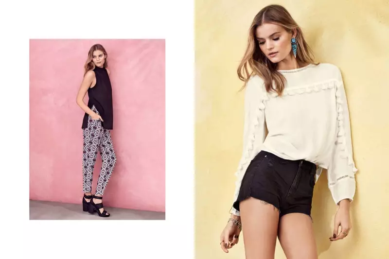 (L) H&M fijngebreide mouwloze top, wijde broek met print en plateausandalen (R) H&M blouse met lange mouwen en afgeknipte spijkerbroek