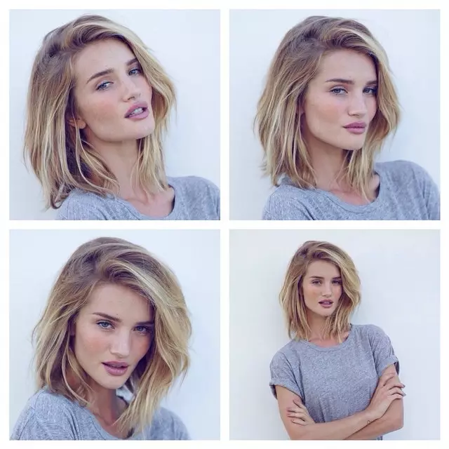 Die model en aktrise Rosie Huntington-Whiteley het einde verlede jaar haar hare middel-lengte gesny, maar het besluit om dit in Februarie 2015 nog korter in 'n lang bob te sny. Ons is mal oor haar deurmekaar rokke!