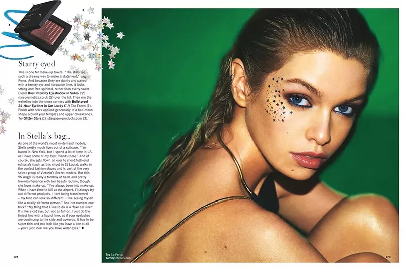 Si Stella Maxwell nagsul-ob ug shimmering makeup look sa beauty editorial