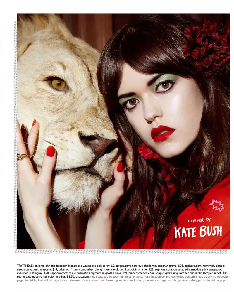 Bibir merah dan eyeshadow hijau terinspirasi oleh Kate Bush