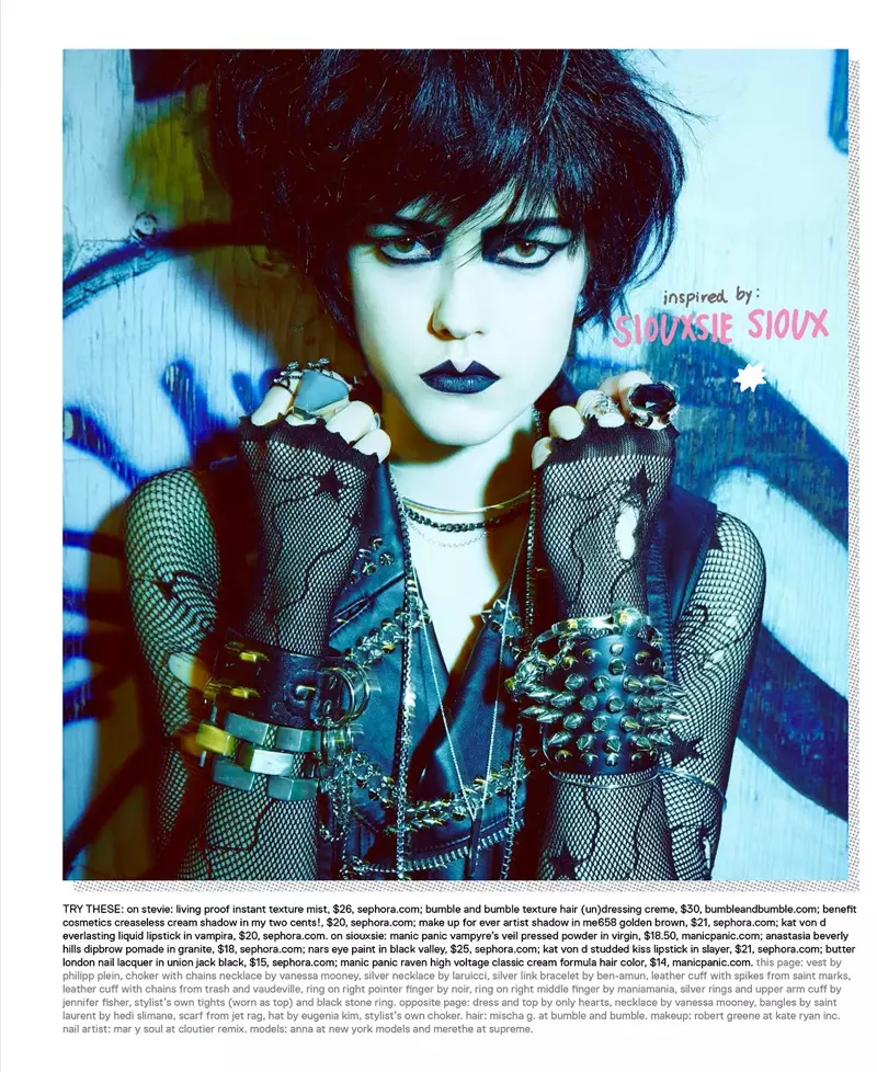 Siouxsie Siouxに触発されたアンナは、黒い唇の短いヘアスタイルを着ています。