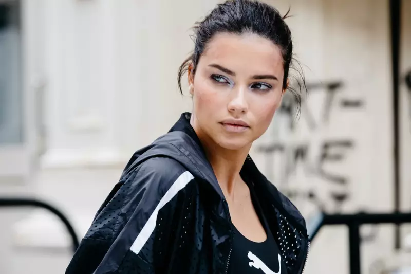 Adriana Lima mostra un look de maquillaxe chic da colaboración de maquillaxe PUMA x Maybelline