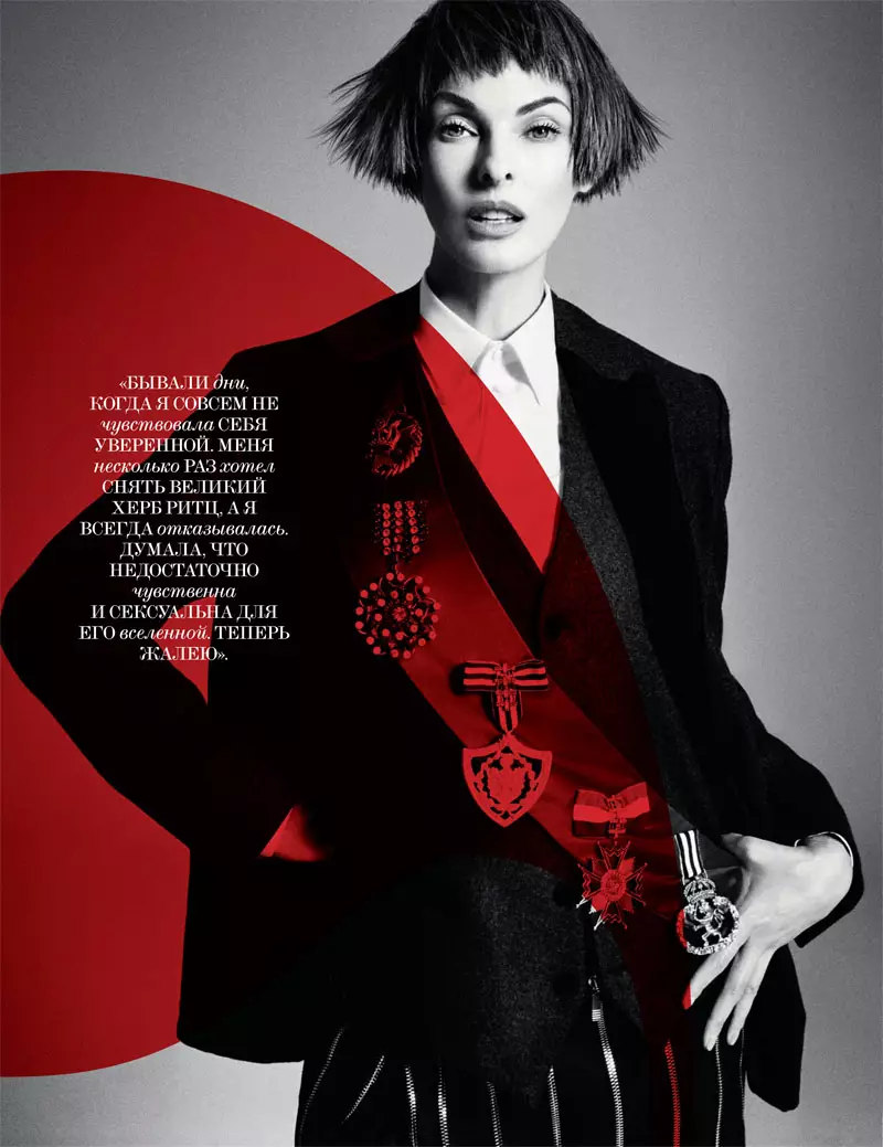 Linda Evangelista Dons Menswear cherche une interview pour la couverture de septembre en Russie