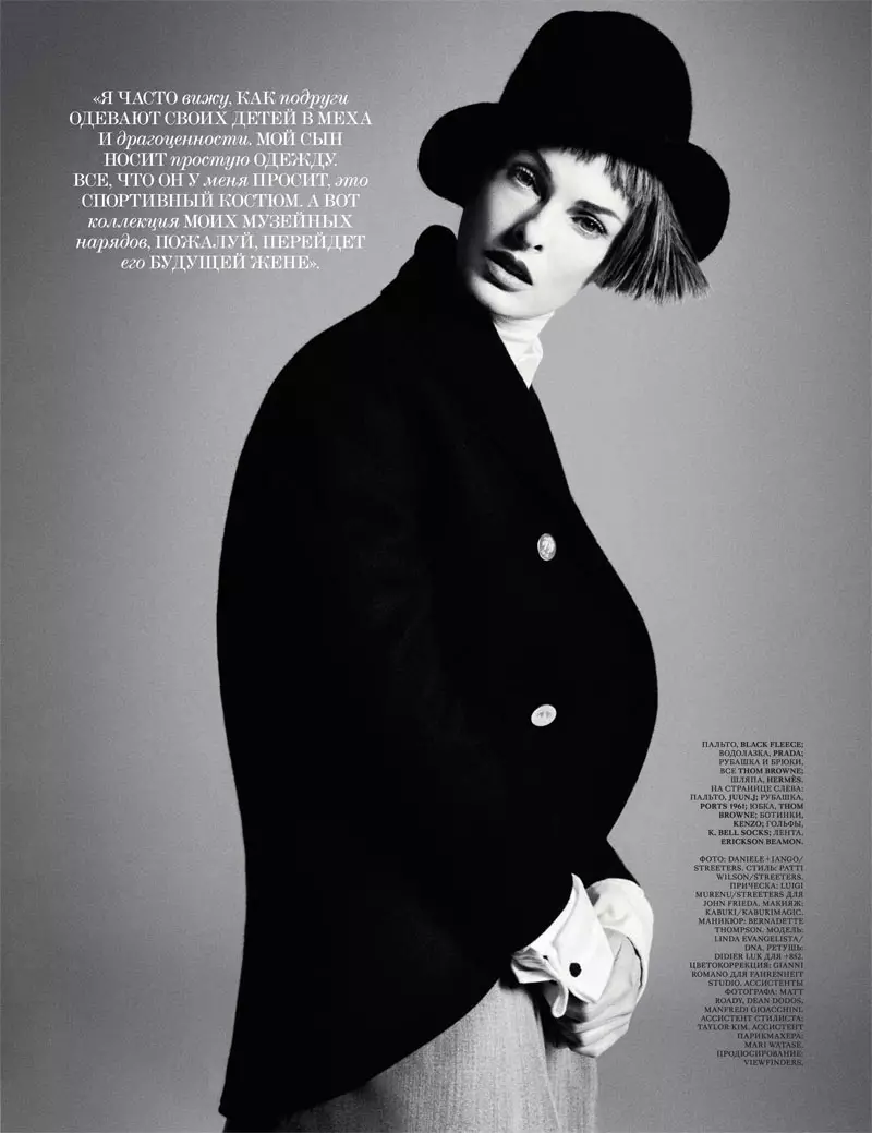 Linda Evangelista Dons Menswear Looks for Interview Errusiako iraileko azaleko istorioa