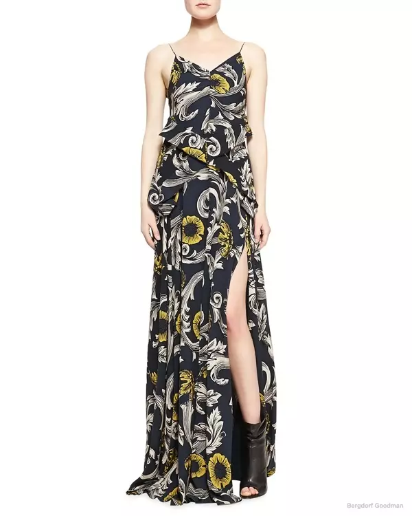 Burberry Prorsum Scroll a květinové potištěné večerní šaty k dostání u Bergdorf Goodman za 1 917,00 $