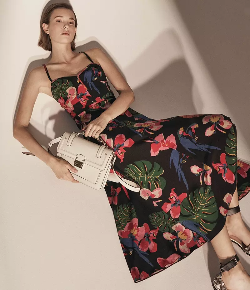 Valentino Tropical-Print Silk Midi Dress, Lock Small Shoulder Bag ug Soul Rockstud Snakeskin Ankle-Strap Sandals